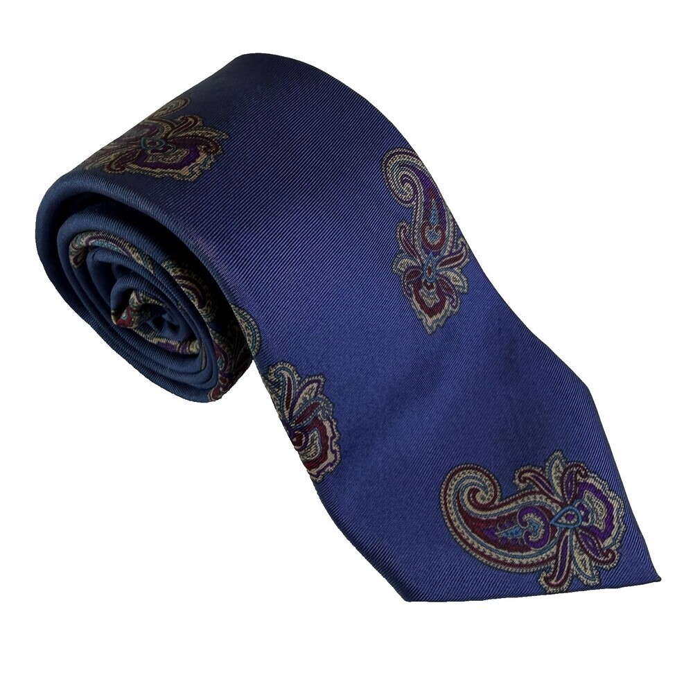 VTG Mallory & Church London Pure Italian Silk Men's Neck Tie Navy Blue Paisley